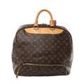Front view of Louis Vuitton Monogram Canvas Evasion Weekend Handbag M41443 in brown monogram coated canvas, featuring natural leather top handles, gold-tone hardware, and front zip pocket against a white background.