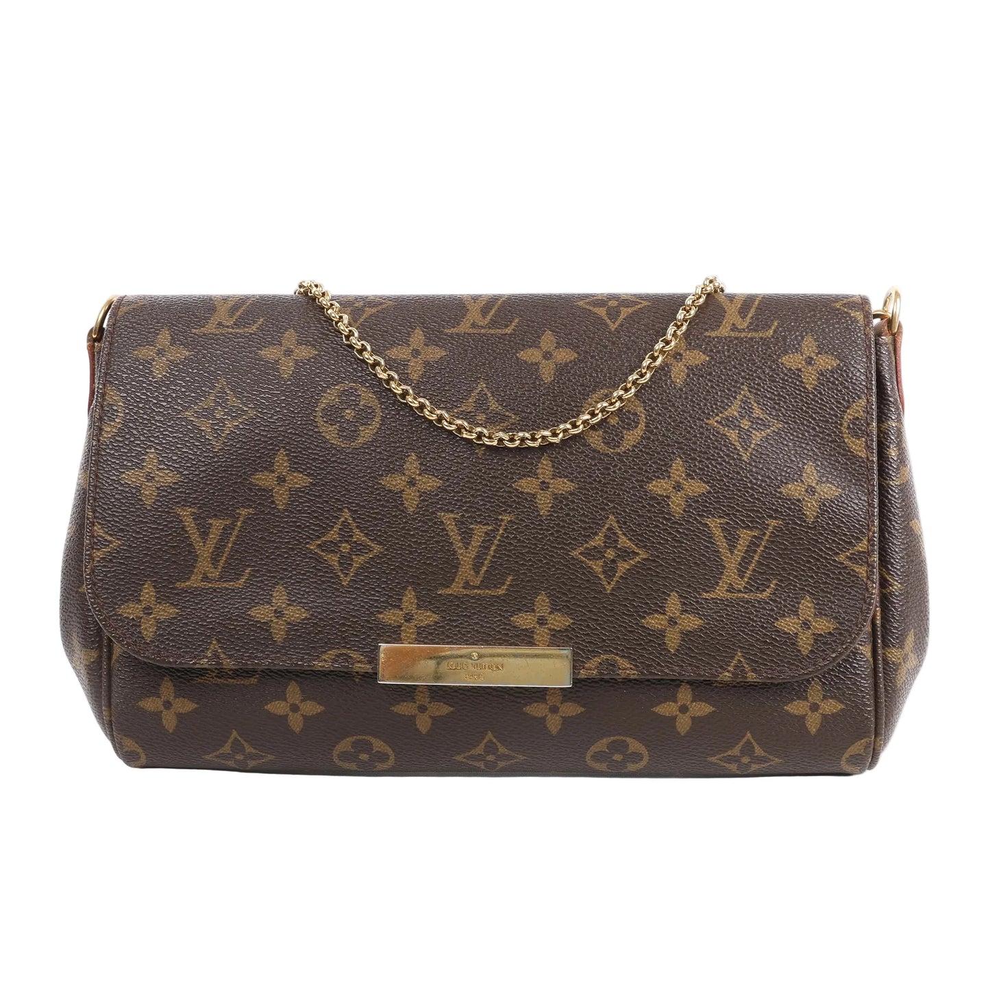 Louis Vuitton Monogram Favorite PM Handbag M40717 in brown coated canvas with classic LV monogram print, front flap closure, gold-tone nameplate, and short gold chain strap, shown against a white background.