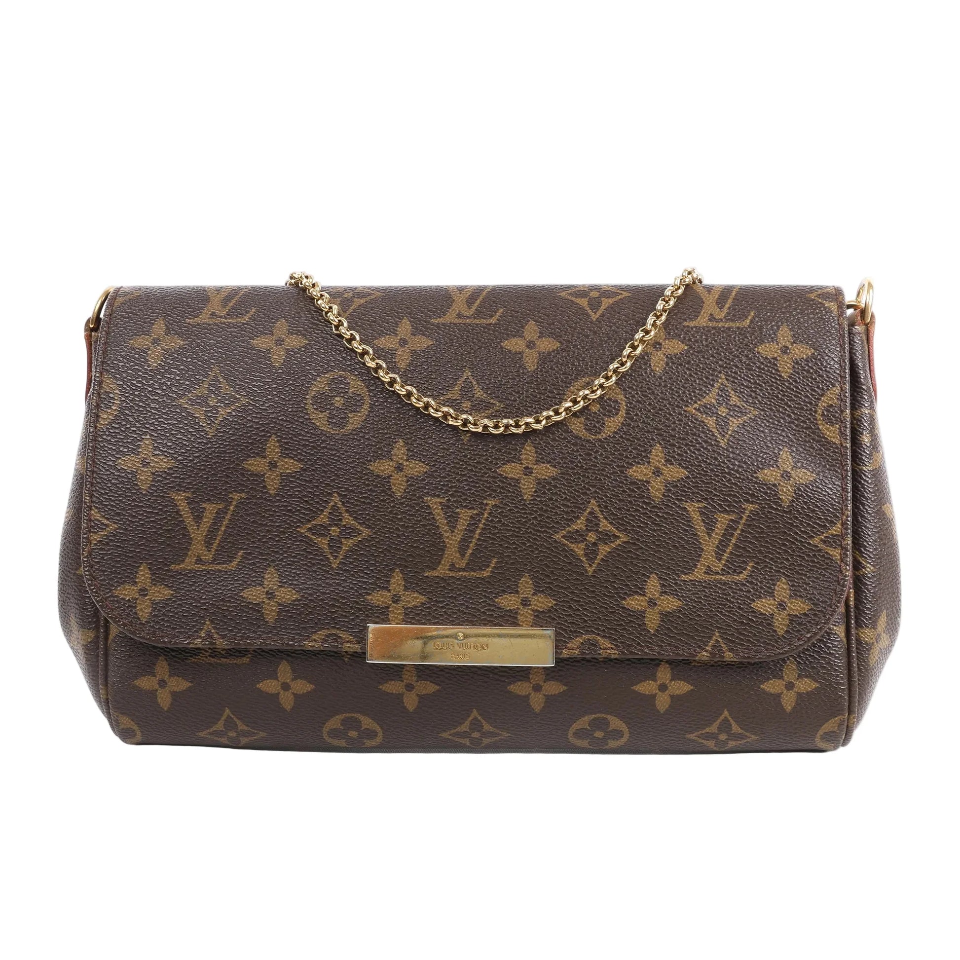Louis Vuitton Monogram Favorite PM Handbag M40717 in brown coated canvas with classic LV monogram print, front flap closure, gold-tone nameplate, and short gold chain strap, shown against a white background.