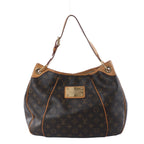 Louis Vuitton Galliera PM brown Monogram shoulder bag with tan leather strap, trim and gold-tone front plaque.