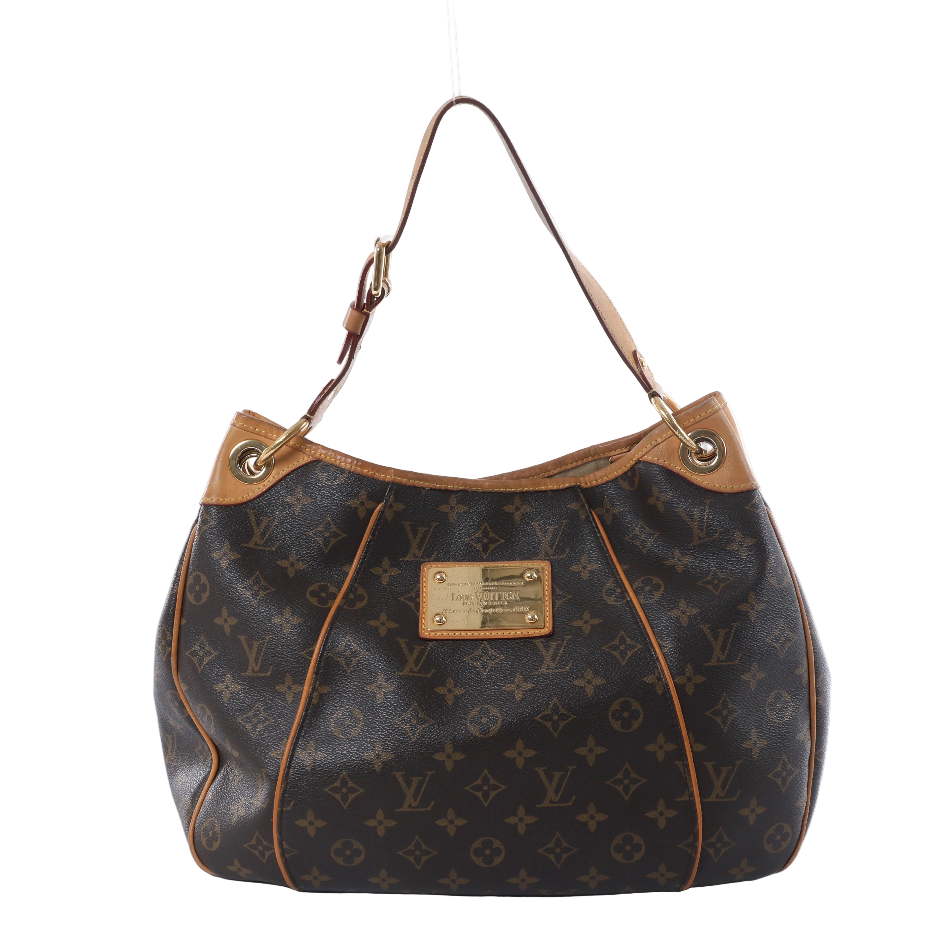 Louis Vuitton Galliera PM brown Monogram shoulder bag with tan leather strap, trim and gold-tone front plaque.