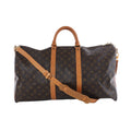 Brown Louis Vuitton Monogram Keepall Bandoulière 55 travel bag with tan leather handles, shoulder strap and gold-tone hardware, shown from multiple angles.
