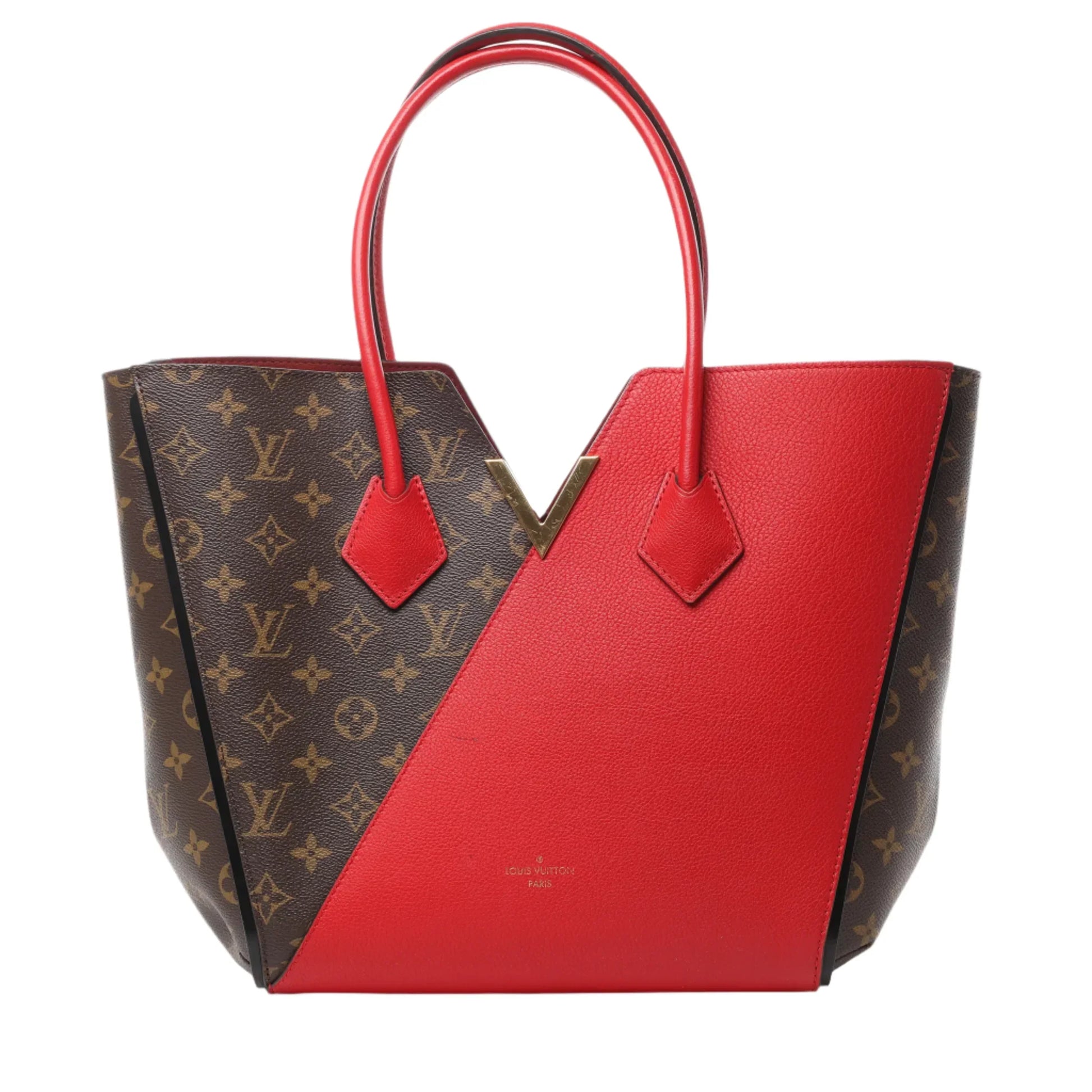 Front view of Louis Vuitton Kimono MM Handbag M40459 featuring red grained leather and Monogram canvas in a V-cut design with gold-tone "V" accent and dual rolled leather handles, displayed against a white background.
