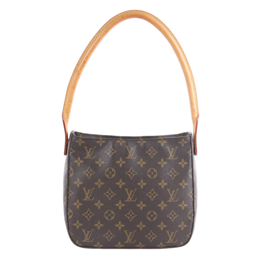 Louis Vuitton Monogram Looping MM brown monogram shoulder bag with tan handle, shown beside a Louis Vuitton box and orange tag.