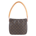 Louis Vuitton Monogram Looping MM brown monogram shoulder bag with tan handle, shown beside a Louis Vuitton box and orange tag.