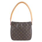 Louis Vuitton Monogram Looping MM brown monogram shoulder bag with tan handle, shown beside a Louis Vuitton box and orange tag.
