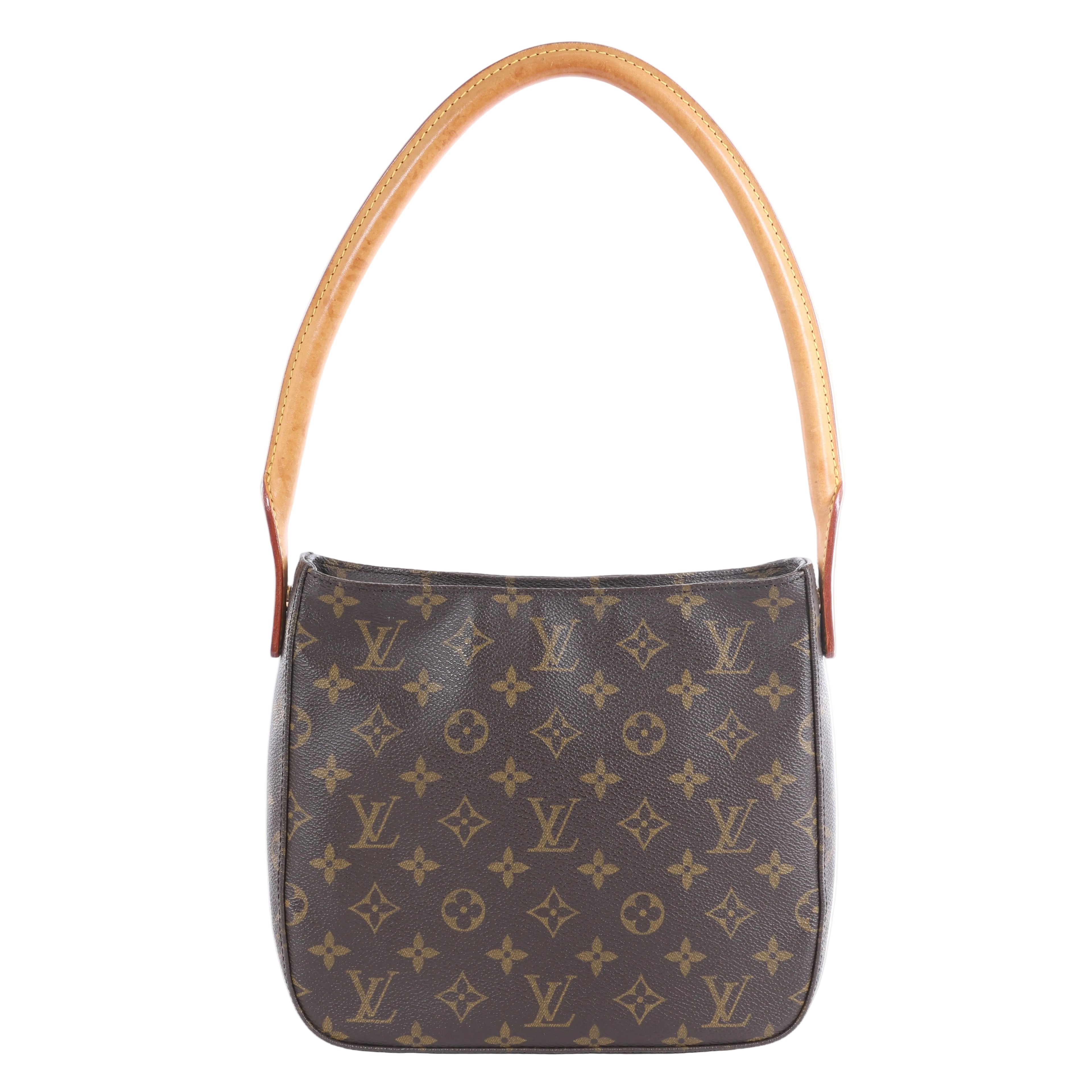 Louis Vuitton Monogram Looping MM brown monogram shoulder bag with tan handle, shown beside a Louis Vuitton box and orange tag.