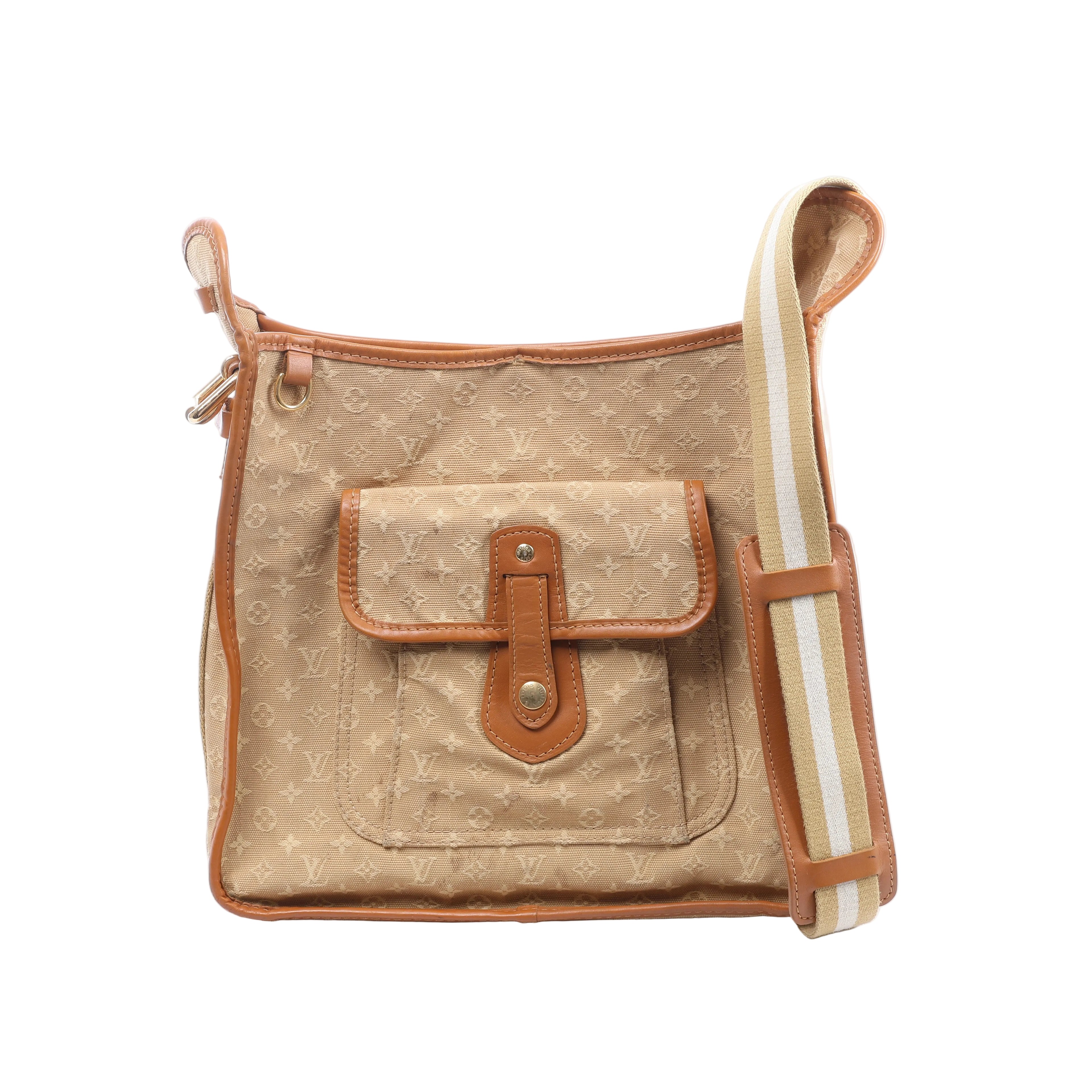 Beige Louis Vuitton Besace Mary Kate Monogram Mini Lin shoulder bag with tan leather trim, front flap pocket and striped textile strap.