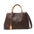 Front view of Louis Vuitton Monogram Montaigne MM 2Way Handbag M41056 in brown Monogram canvas with natural leather top handles, detachable shoulder strap, and gold-tone hardware, displayed against a white background.