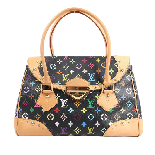 Louis Vuitton Monogram Multicolor Beverly MM Handbag in black, featuring vibrant LV multicolor print on coated canvas, natural vachetta leather trim, gold-tone clasp closure, and dual rolled handles, displayed against a white background.