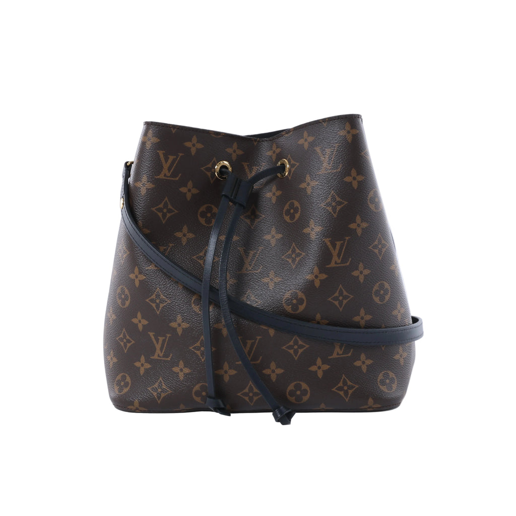 Brown Louis Vuitton NéoNoé Monogram bucket bag with black leather trim, drawstring closure, shoulder strap and gold-tone hardware on a white background.