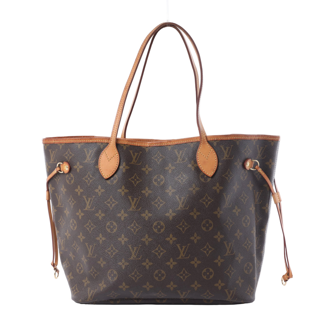Louis Vuitton Neverfull MM brown Monogram tote with tan leather handles, side ties and gold-tone hardware.