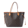 Louis Vuitton Neverfull MM brown Monogram tote with tan leather handles, side ties and gold-tone hardware.
