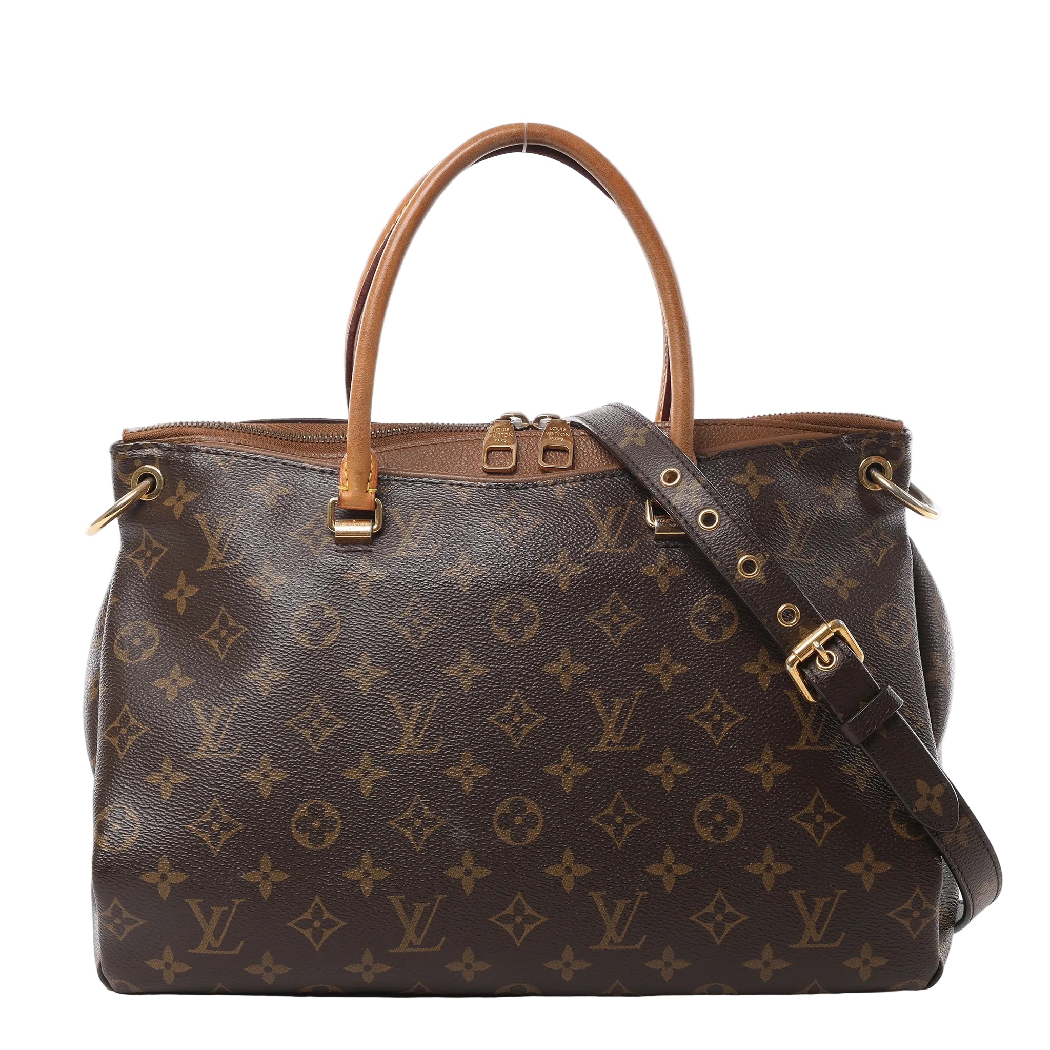Front view of the Louis Vuitton Monogram Pallas MM 2Way Handbag M40907 in brown, featuring classic LV monogram canvas, natural cowhide leather top handles, a detachable shoulder strap, gold-tone hardware, and dual zipper closure.