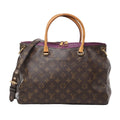 Front view of Louis Vuitton Monogram Pallas MM 2Way Handbag M41059 in brown monogram coated canvas with purple trim, featuring natural leather top handles, gold-tone hardware, and detachable shoulder strap against a white background.