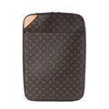 Louis Vuitton Pegase 50 brown Monogram canvas travel bag with tan leather corner detail, front zip pocket and structured rolling suitcase shape.