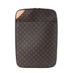 Louis Vuitton Pegase 50 brown Monogram canvas travel bag with tan leather corner detail, front zip pocket and structured rolling suitcase shape.