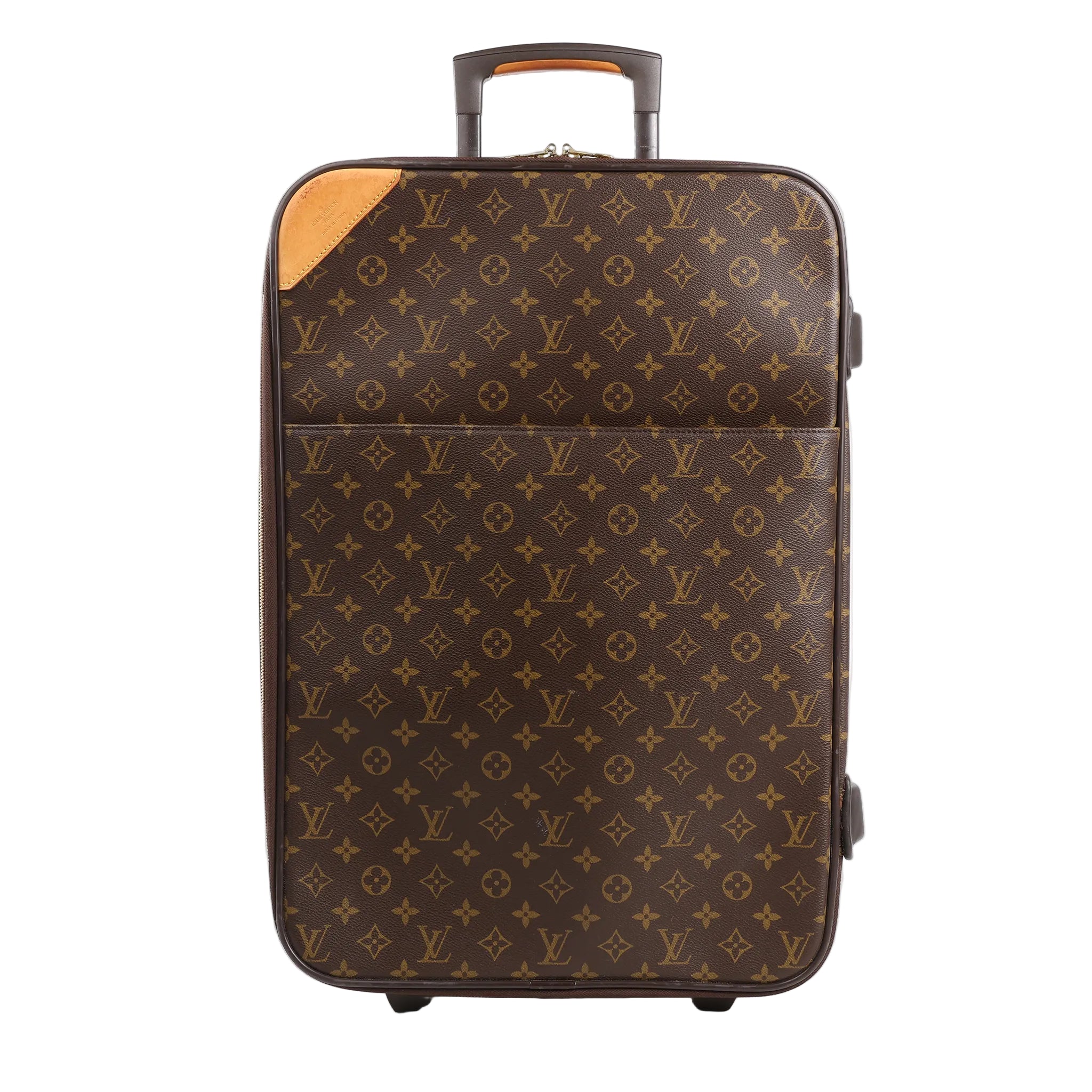 Louis Vuitton Pegase 55 rolling suitcase in monogram canvas with natural leather trim, front zip pocket, and extendable handle, shown standing upright against a white background.