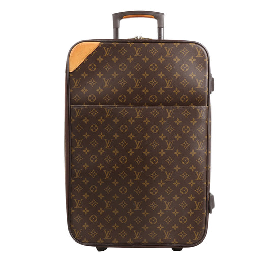 Louis Vuitton Pegase 55 rolling suitcase in monogram canvas with natural leather trim, front zip pocket, and extendable handle, shown standing upright against a white background.