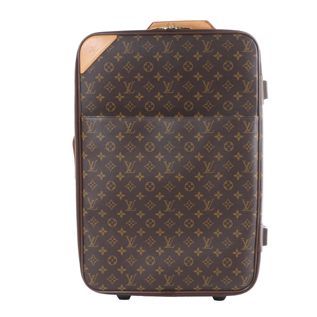Louis Vuitton Pegase 55 brown Monogram travel bag with tan leather corner detail, top handle, front pocket and rolling suitcase shape.