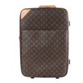 Louis Vuitton Pegase 55 brown Monogram travel bag with tan leather corner detail, top handle, front pocket and rolling suitcase shape.