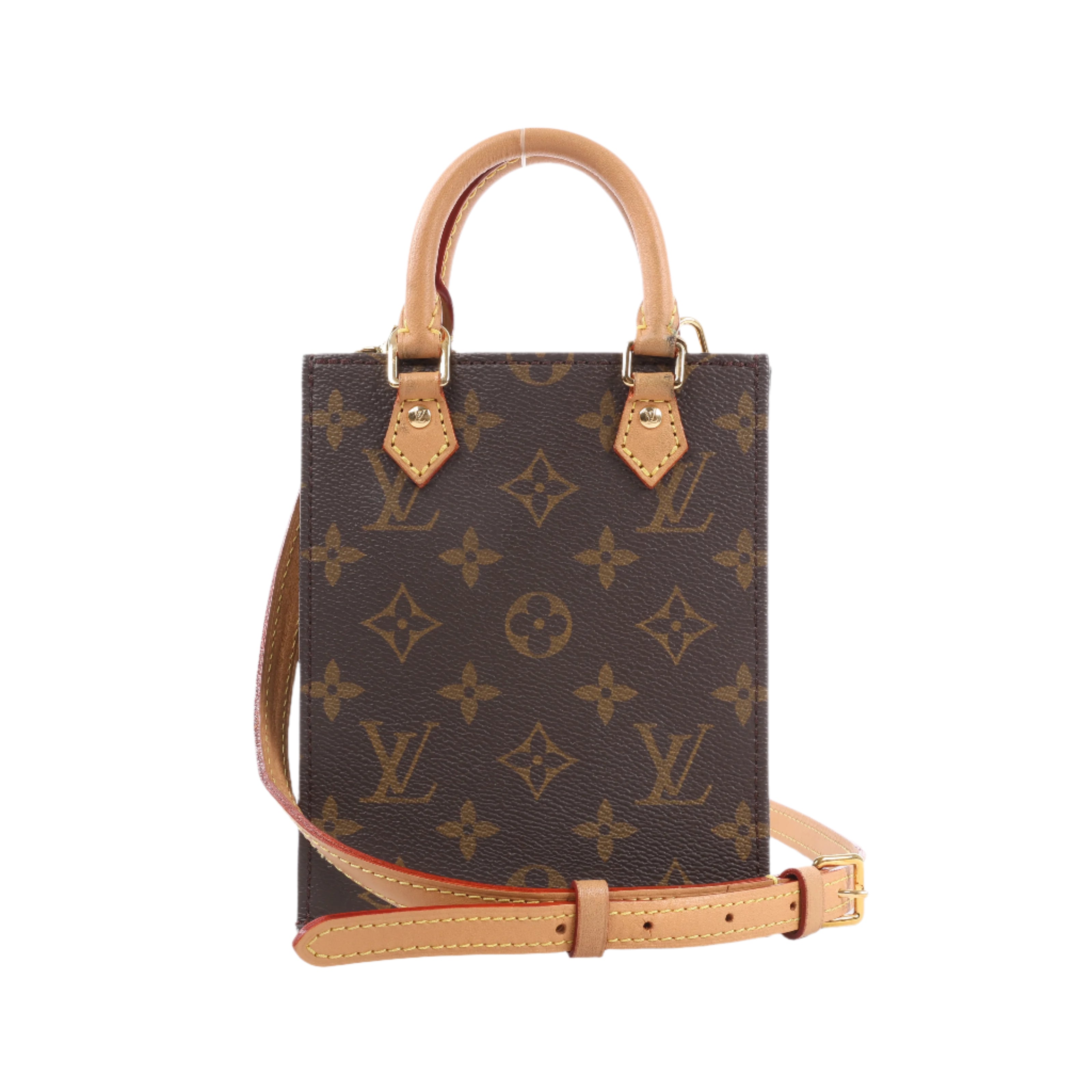 Designer handbag with monogram pattern on a white background