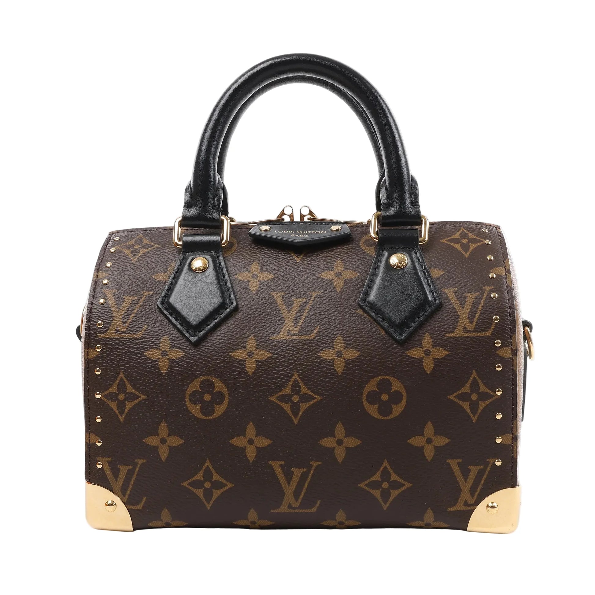 Louis Vuitton Monogram Reverse Speedy Trunk 20 handbag M13146 in brown coated canvas with black leather handles, gold-tone metal corners and studs, top zip closure, and structured silhouette, displayed against a white background.
