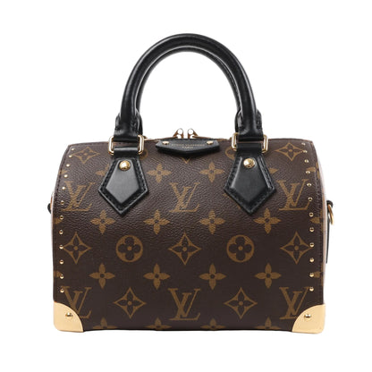 Louis Vuitton Monogram Reverse Speedy Trunk 20 handbag M13146 in brown coated canvas with black leather handles, gold-tone metal corners and studs, top zip closure, and structured silhouette, displayed against a white background.