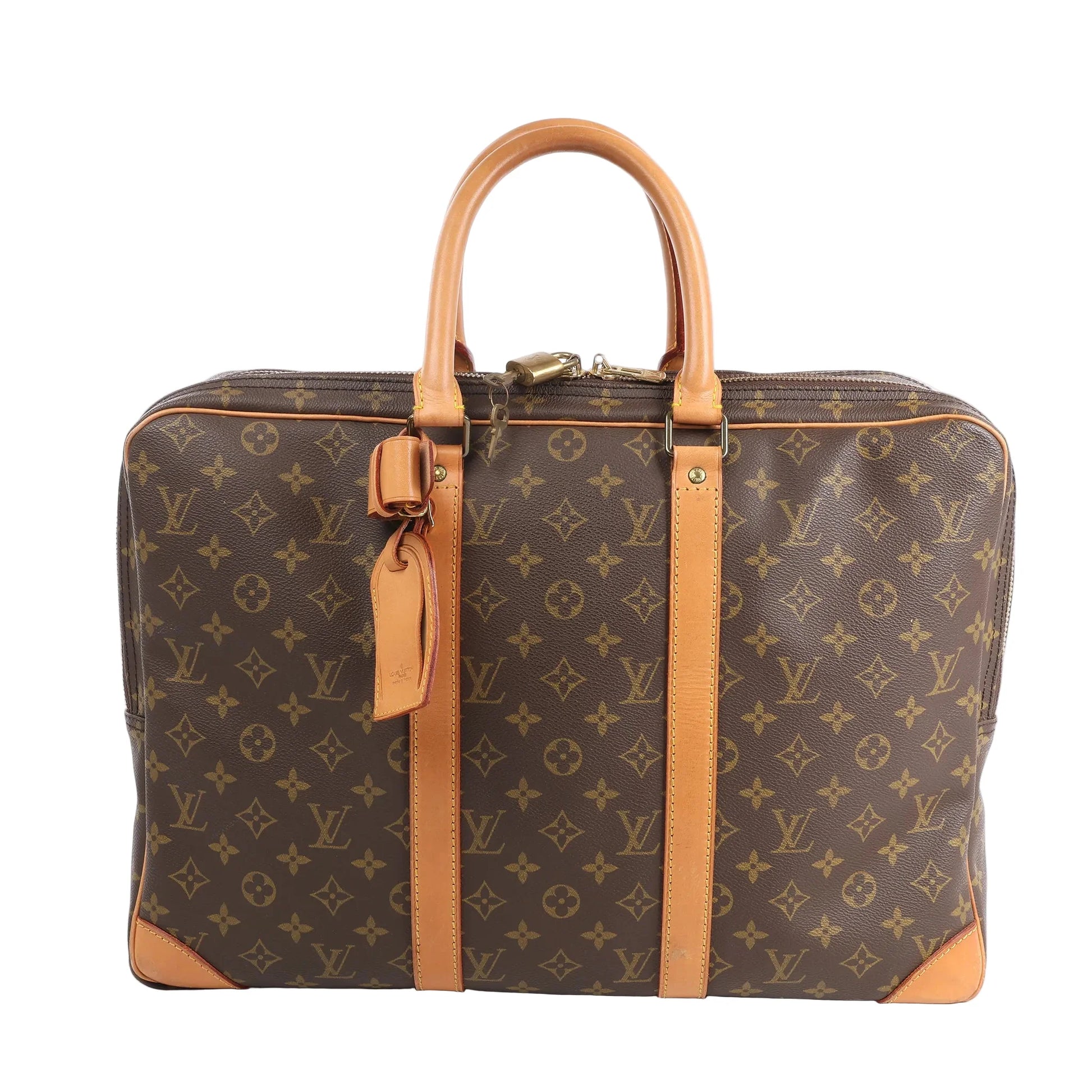 Front view of the Louis Vuitton Monogram Canvas Sac 48 Heures Travel Bag M41382, featuring signature brown monogram canvas, natural vachetta leather trim and handles, gold-tone hardware, structured rectangular shape, and luggage tag, set against a white background.
