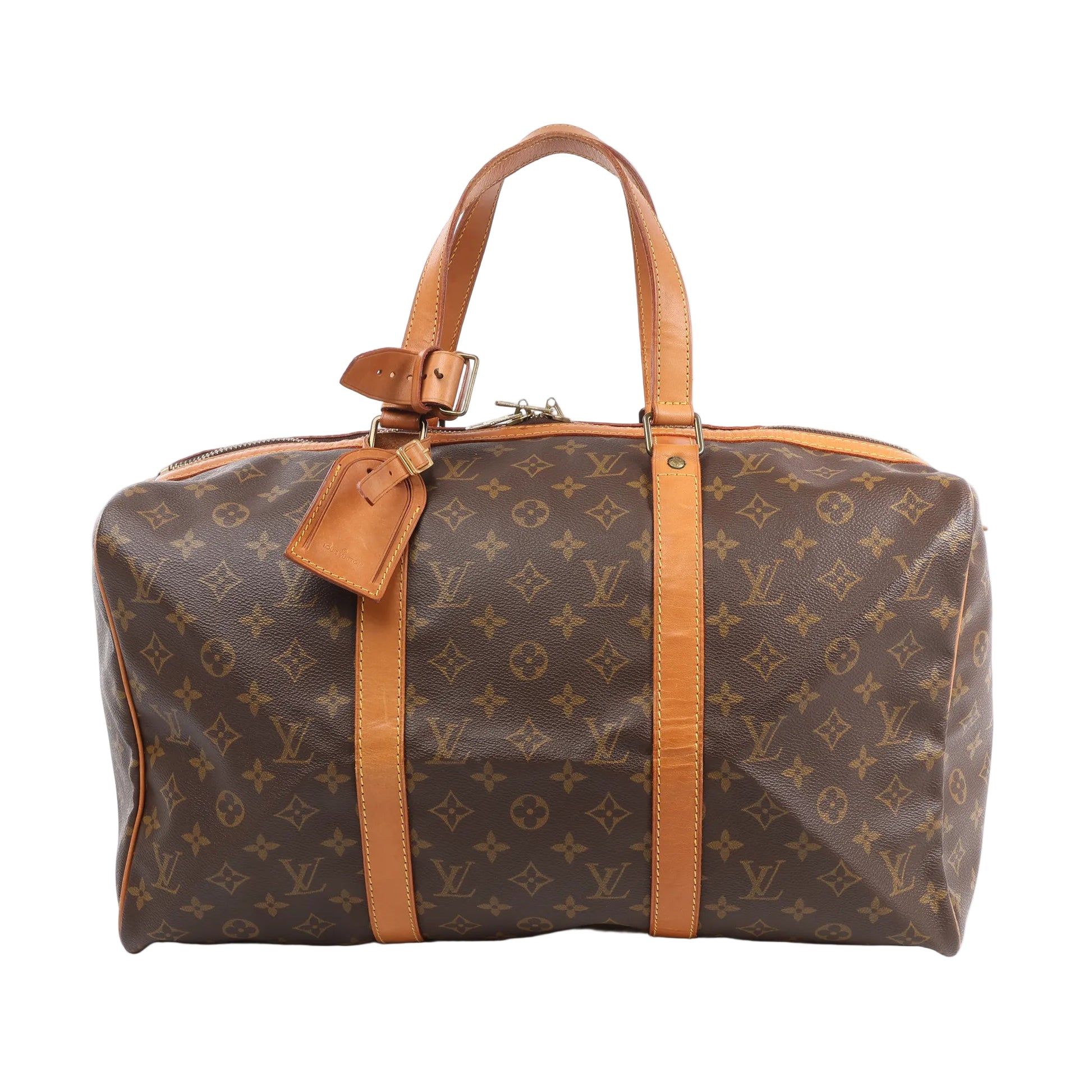 Front view of the Louis Vuitton Monogram Canvas Sac Souple 45 Travel Bag M41624 featuring brown monogram canvas, natural vachetta leather handles, trim, and luggage tag, with gold-tone hardware and a classic duffel silhouette, set against a white background.