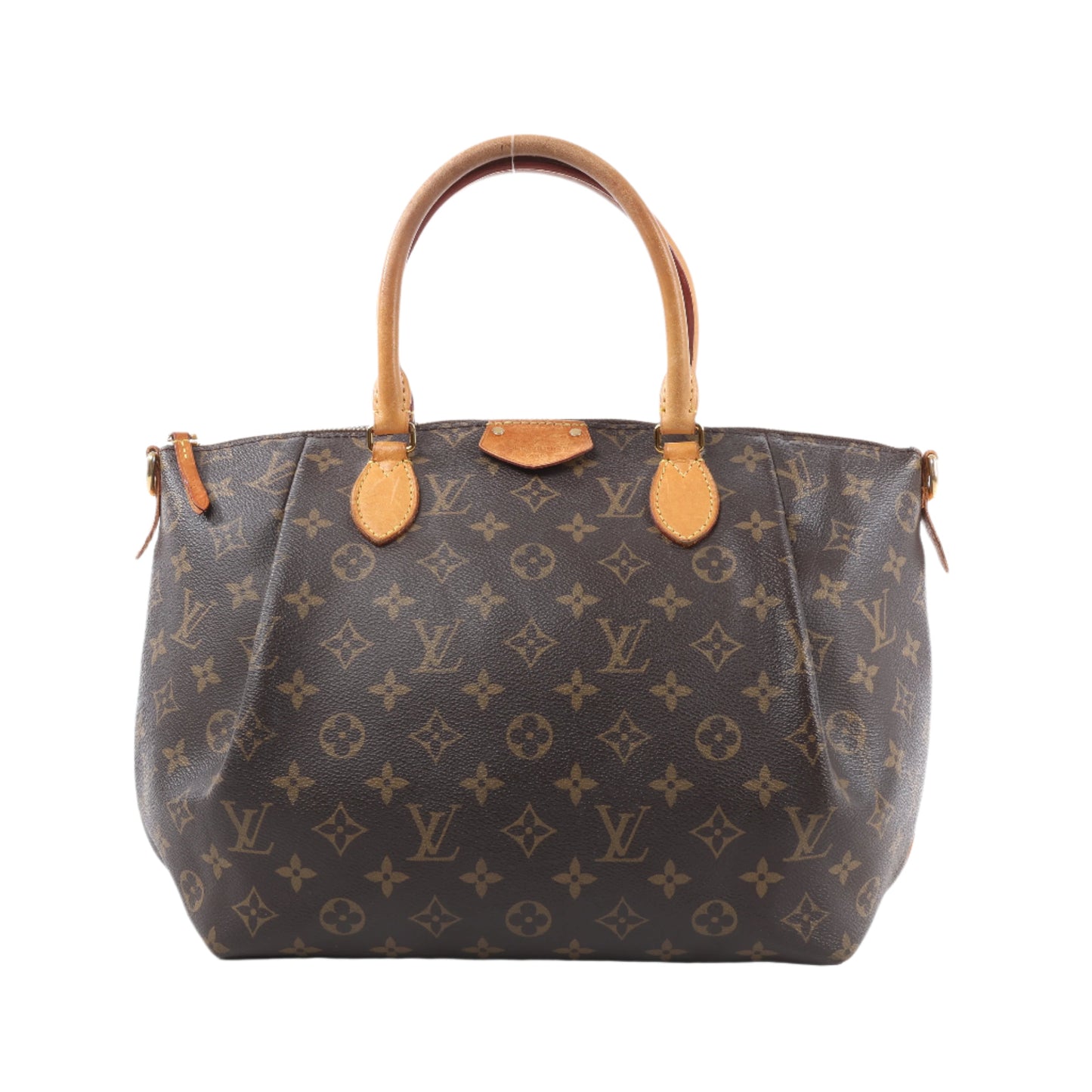 Designer handbag with monogram pattern on a white background