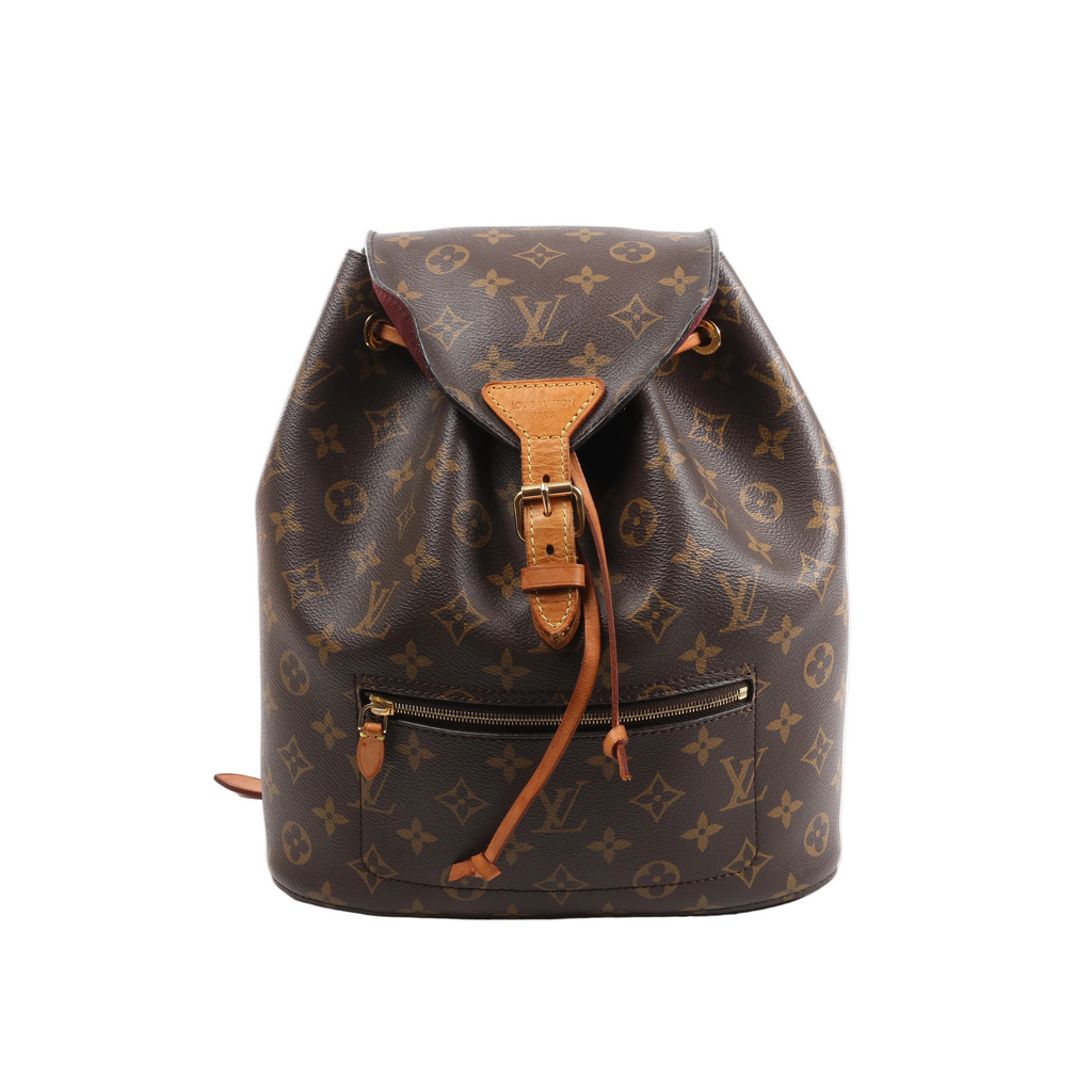 Louis Vuitton Monsley Monogram canvas backpack with tan leather trim, buckled flap, drawstring detail, front zip pocket and gold-tone hardware.
