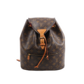 Louis Vuitton Monsley Monogram canvas backpack with tan leather trim, buckled flap, drawstring detail, front zip pocket and gold-tone hardware.