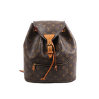 Louis Vuitton Monsley Monogram canvas backpack with tan leather trim, buckled flap, drawstring detail, front zip pocket and gold-tone hardware.