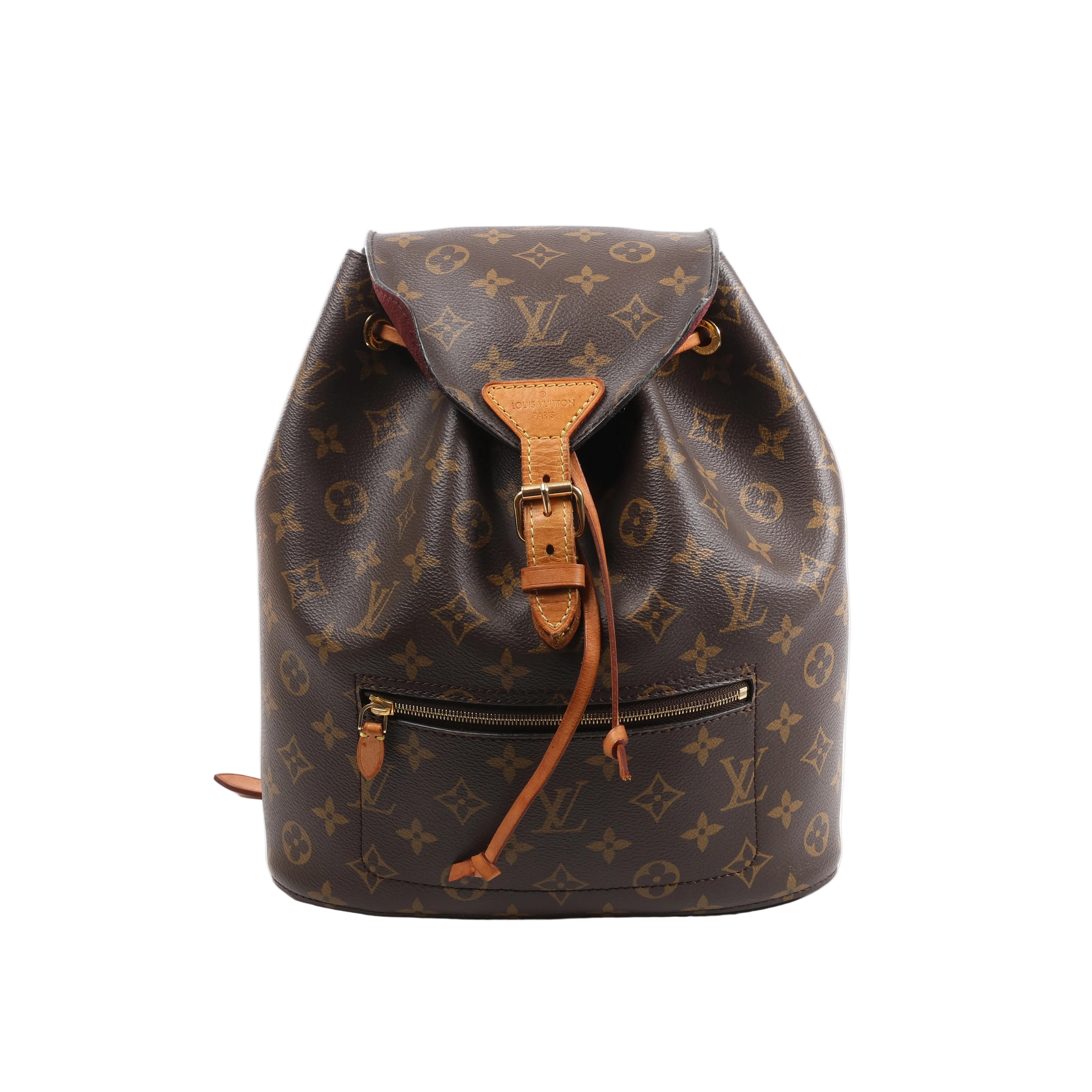 Louis Vuitton Monsley Monogram canvas backpack with tan leather trim, buckled flap, drawstring detail, front zip pocket and gold-tone hardware.