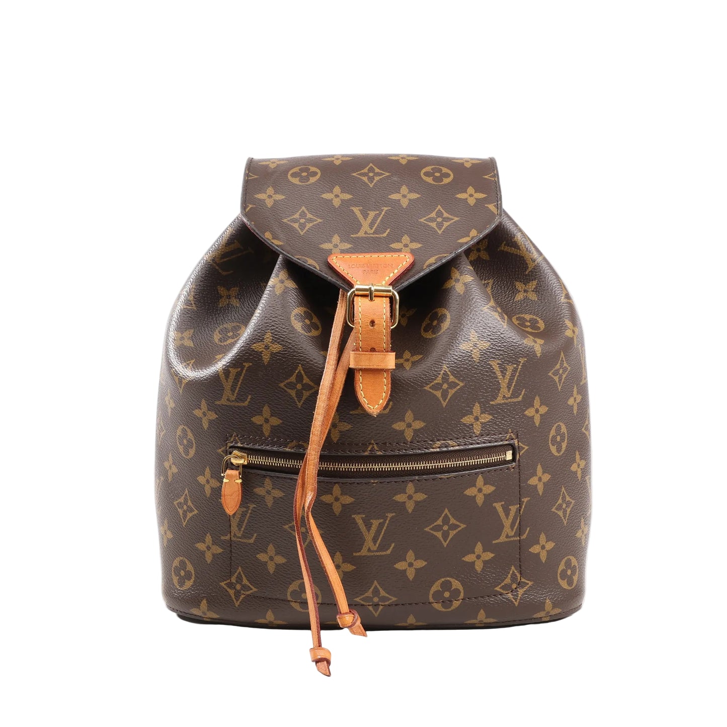 Louis Vuitton Monsley Backpack M43431 in brown Monogram canvas with natural leather buckle strap, front zip pocket, and drawstring closure on a white background.