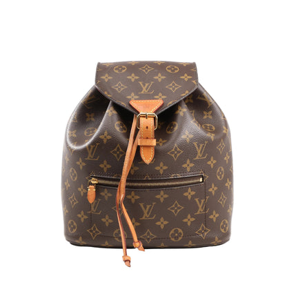 Louis Vuitton Monsley Backpack M43431 in brown Monogram canvas with natural leather buckle strap, front zip pocket, and drawstring closure on a white background.