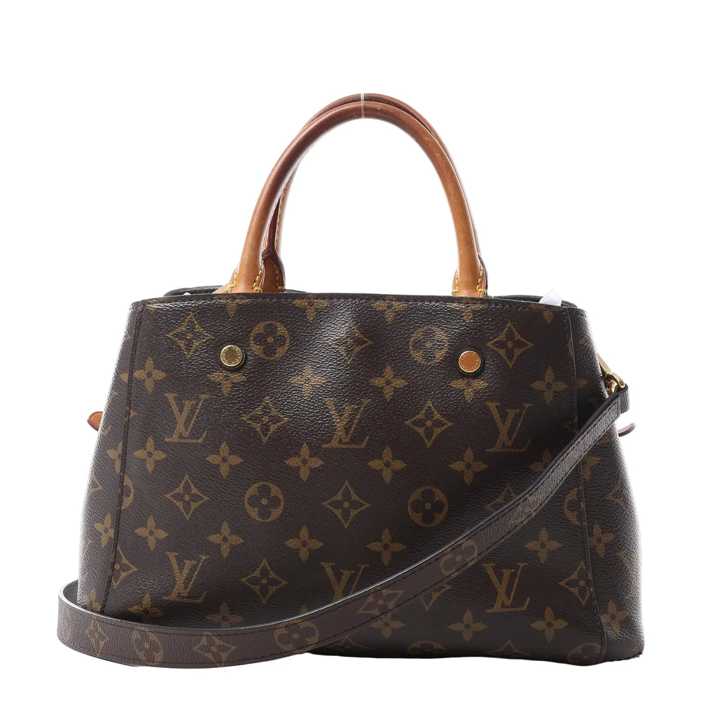 Louis Vuitton Montaigne BB handbag in brown Monogram canvas with tan rolled handles, detachable shoulder strap and gold-tone hardware.