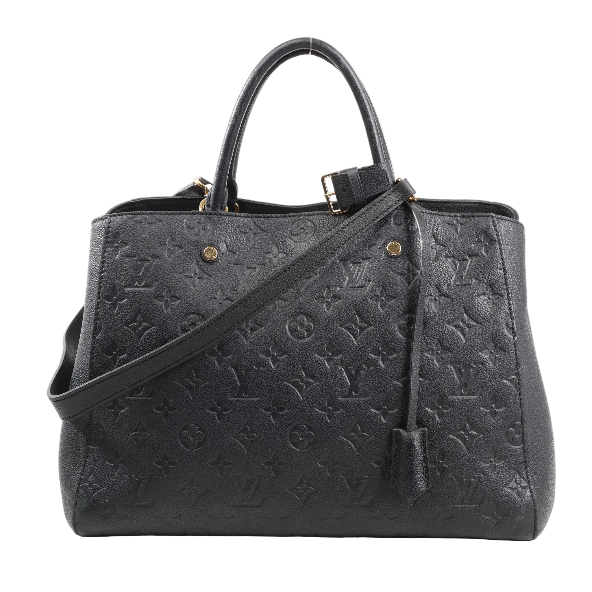 Louis Vuitton Monogram Empreinte Montaigne GM 2Way Handbag M41069 in black embossed leather with gold-tone hardware, dual top handles, detachable shoulder strap, and structured silhouette, shown on white background.