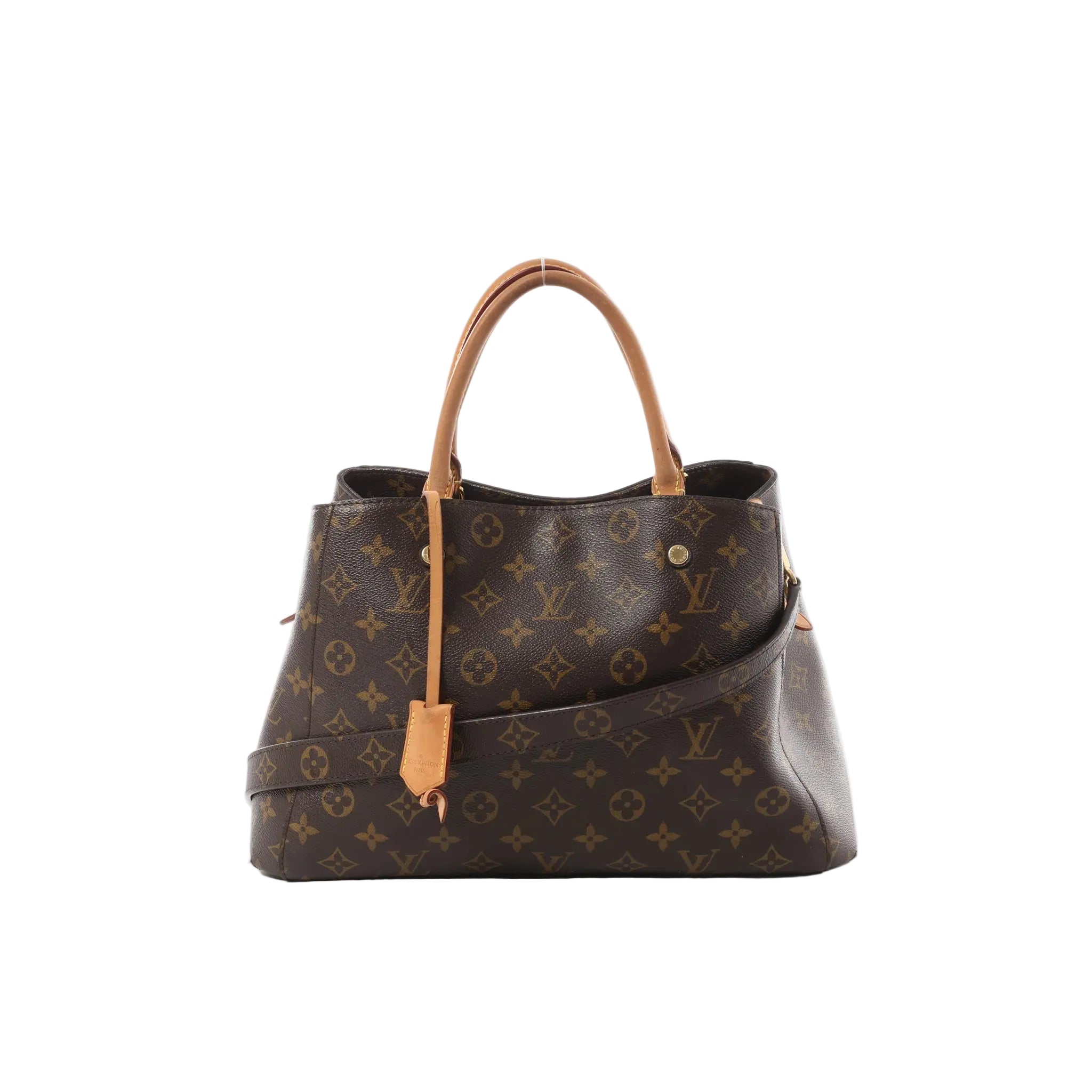 Louis Vuitton Montaigne MM Monogram canvas handbag with natural leather top handles, detachable shoulder strap, and hanging leather tag.