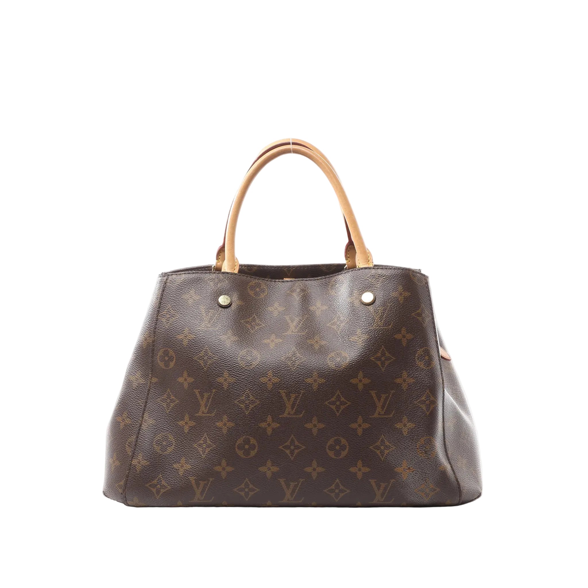 Louis Vuitton Montaigne MM handbag in brown Monogram canvas with natural cowhide leather top handles, structured silhouette, and gold-tone hardware on a light gray background.