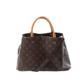 Louis Vuitton Montaigne MM handbag in brown Monogram canvas with tan rolled handles, detachable shoulder strap and gold-tone hardware.