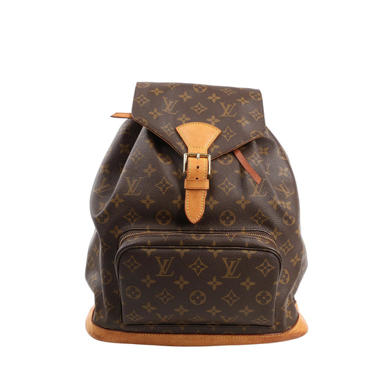 Louis Vuitton Montsouris GM vintage backpack in brown Monogram Canvas with natural cowhide leather trim, gold-tone buckle, front zip pocket, and drawstring top.