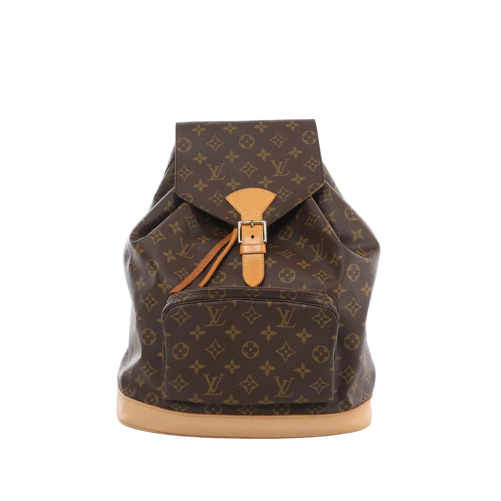 Brown Louis Vuitton Montsouris GM Monogram backpack with tan leather base and buckle strap, a flap top, leather drawstring and front zip pocket.