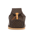 Brown Louis Vuitton Montsouris GM Monogram backpack with tan leather base and buckle strap, a flap top, leather drawstring and front zip pocket.