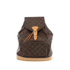 Brown Louis Vuitton Montsouris GM Monogram backpack with tan leather base and buckle strap, a flap top, leather drawstring and front zip pocket.
