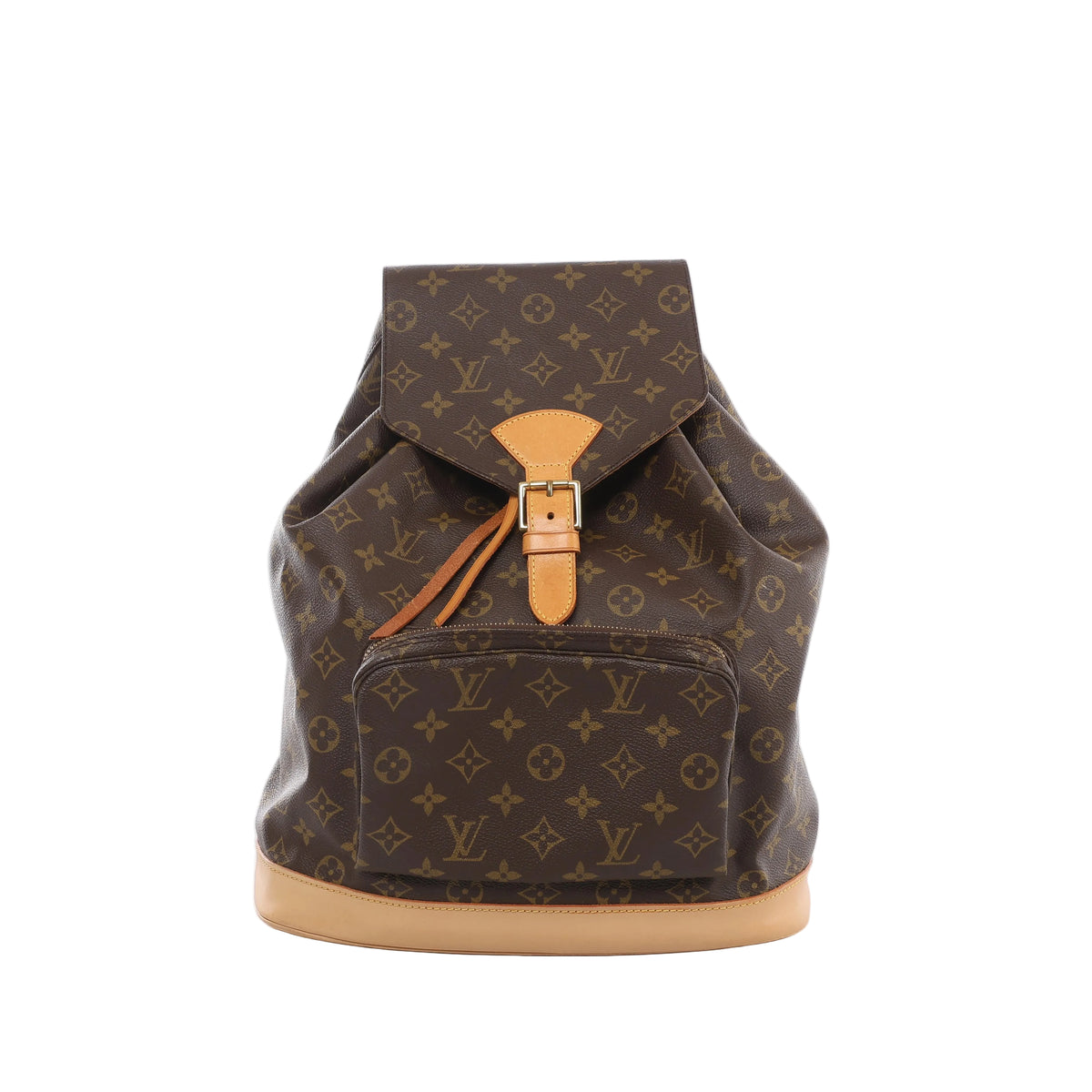 Brown Louis Vuitton Montsouris GM Monogram backpack with tan leather base and buckle strap, a flap top, leather drawstring and front zip pocket.