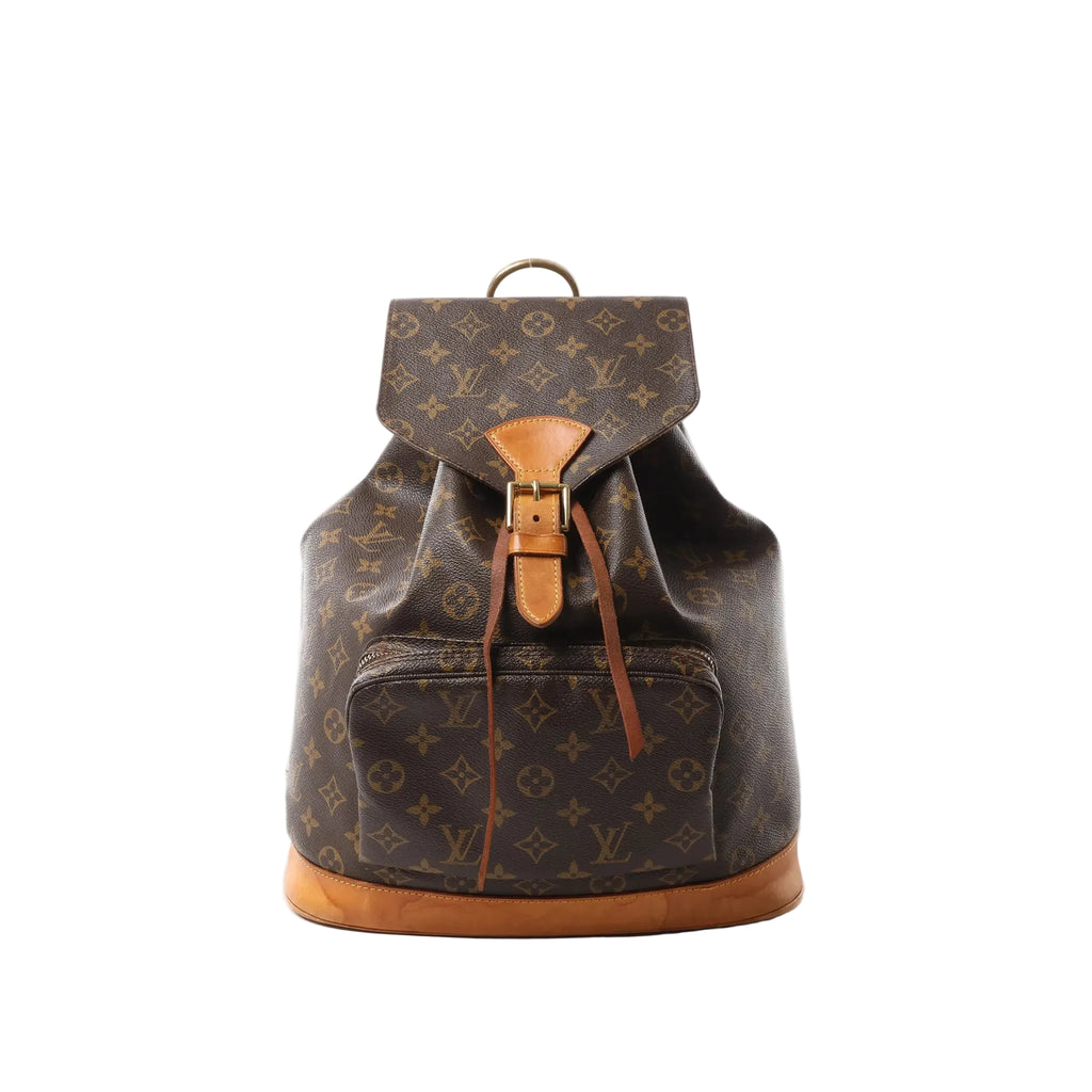 Louis Vuitton Monogram canvas Montsouris GM backpack with tan leather buckle flap, drawstring closure, front zip pocket, and vachetta leather base