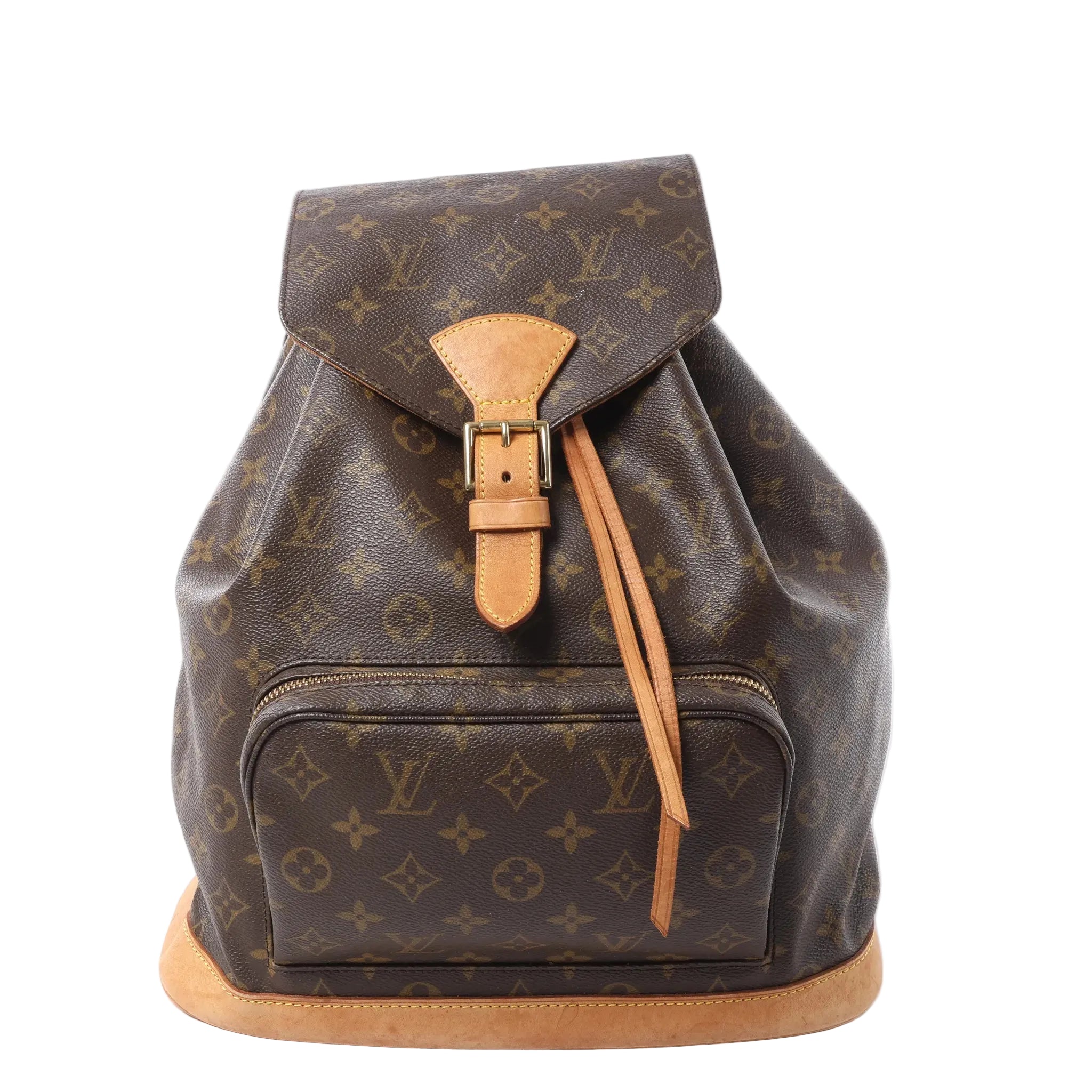 Louis Vuitton Montsouris GM Monogram canvas backpack with tan leather buckle flap, drawstring closure, front zip pocket, and leather base on white background