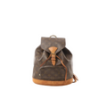 Louis Vuitton Monogram canvas Montsouris MM backpack in brown with tan vachetta leather trim, buckle flap, drawstring closure, and front pocket